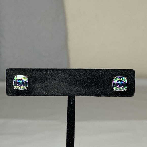 Silver Plated Square Rainbow CZ Stud Earrings - Picture 3 of 3